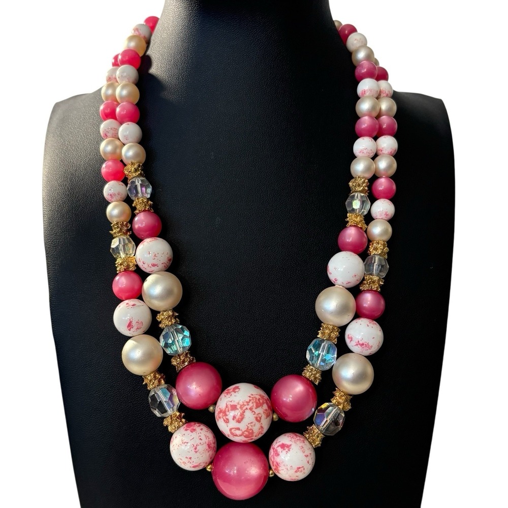 Vintage Pink Double Strand Necklace Cat's Eye Faux Pearl‎ Chunky Beads Marbled